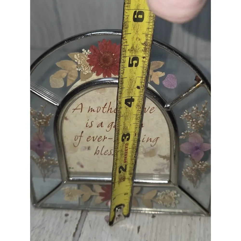 Vintage Pressed Flower Leaded Glass A Mothers Love Picture 5.5x5.5 Heritage Boho